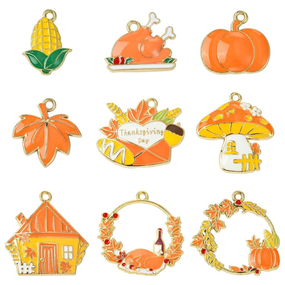 7091 18 pcs 9 Styles Thanksgiving Day Theme Alloy Enamel Charms Fall Corn